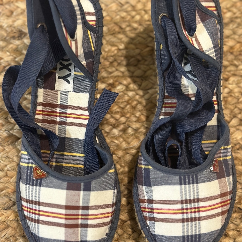Roxy Navy Plaid Wedge Lace Up Espadrilles